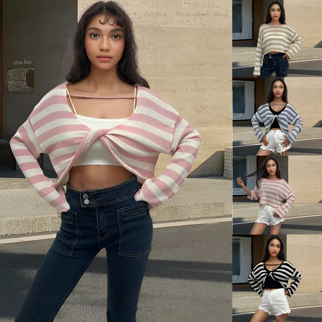 Women's black and white striped long-sleeved sweater with exposed navel front and back design.