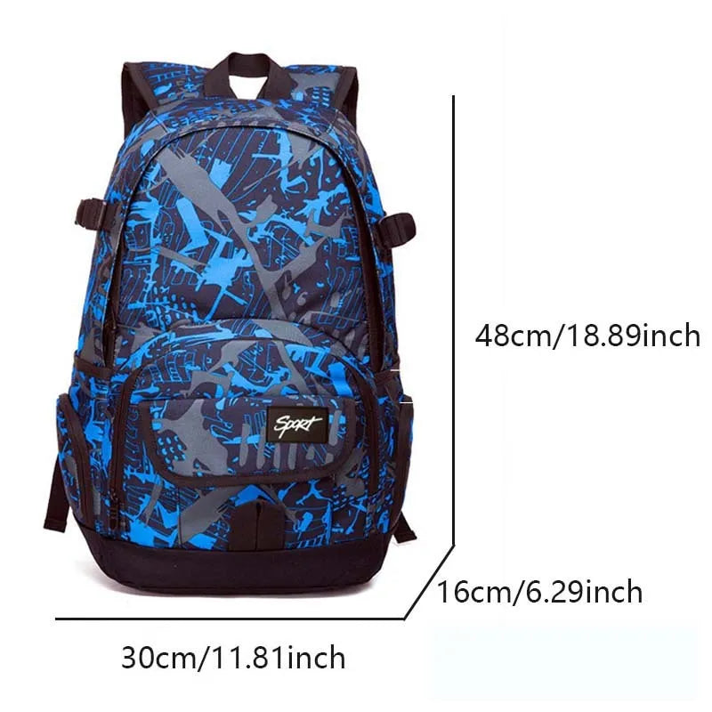 Blue classic nylon backpack with multiple compartments shown on a white background.
