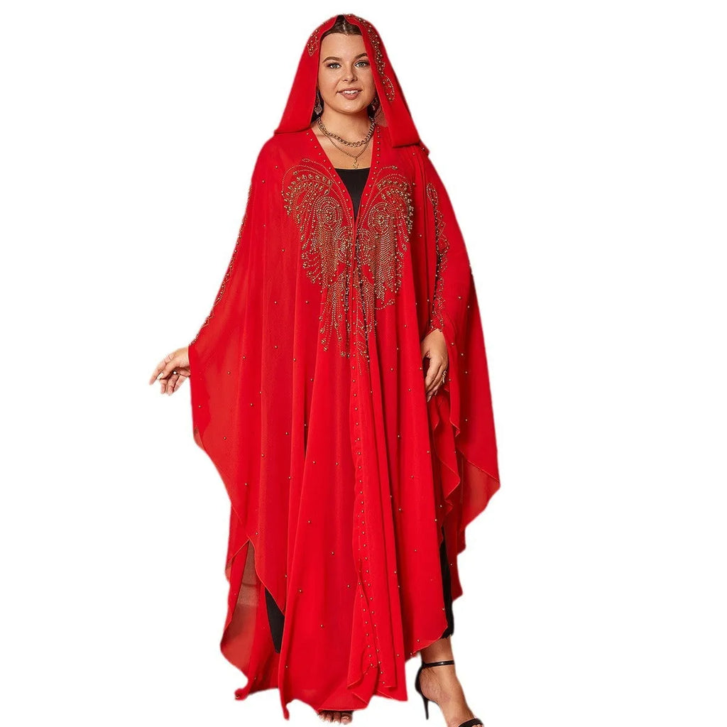 Purple Muslim style chiffon shawl with rhinestone and bead trim along edges, demonstrating full length coverage