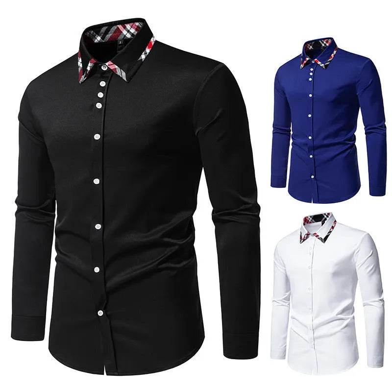 Men's blue, black, and white plaid long sleeve shirt with a contrasting triangle collar.