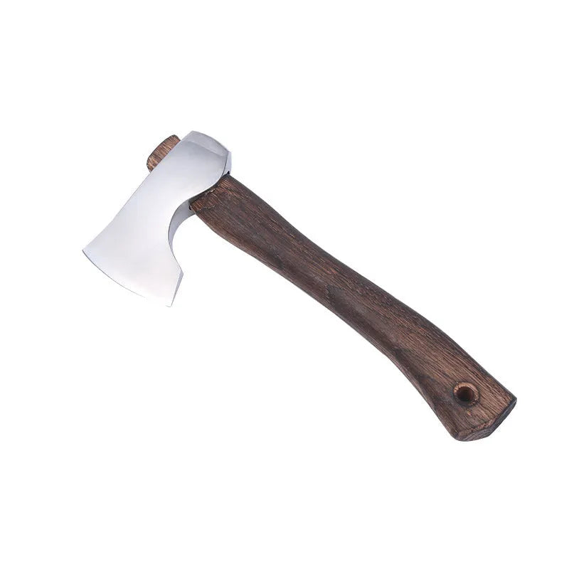 Camping axe with wooden handle and high carbon steel blade on a neutral background.