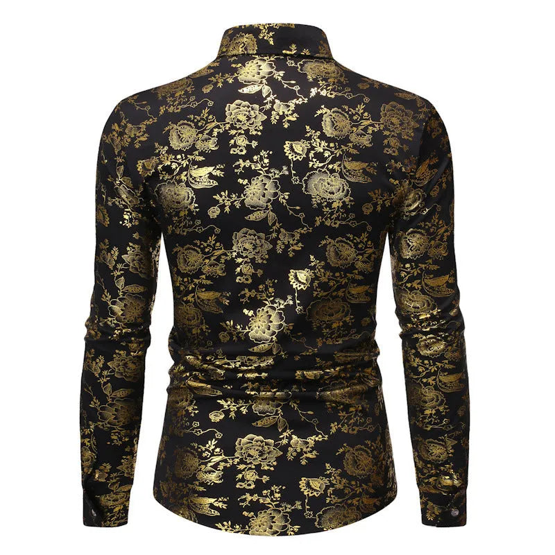Men's metal bronzing printed lapel shirt in polyester elastic fabric available in four colours