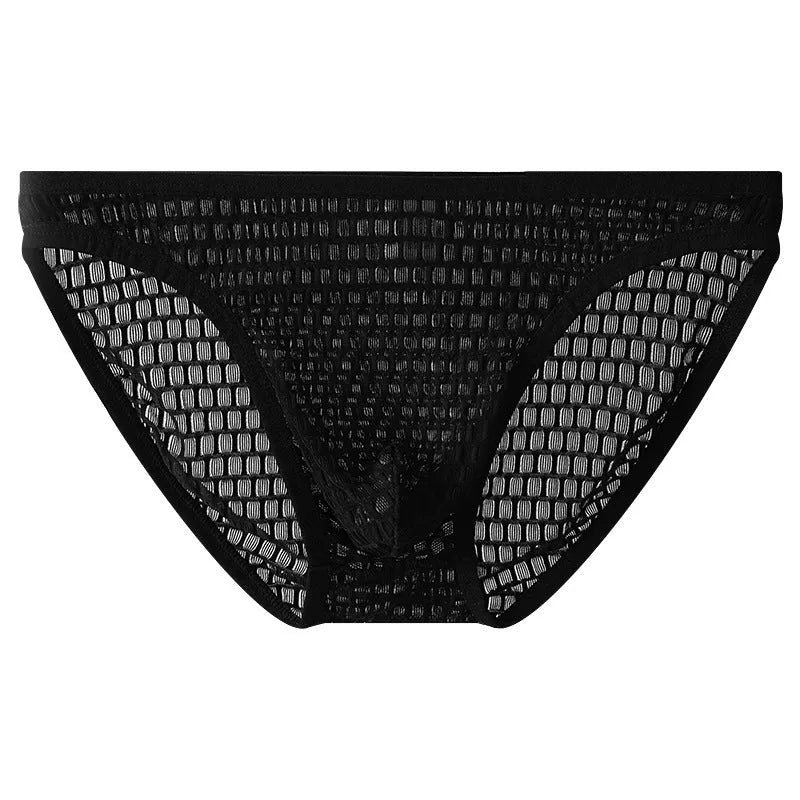 Men's low waist transparent lace underwear in black, shown flat