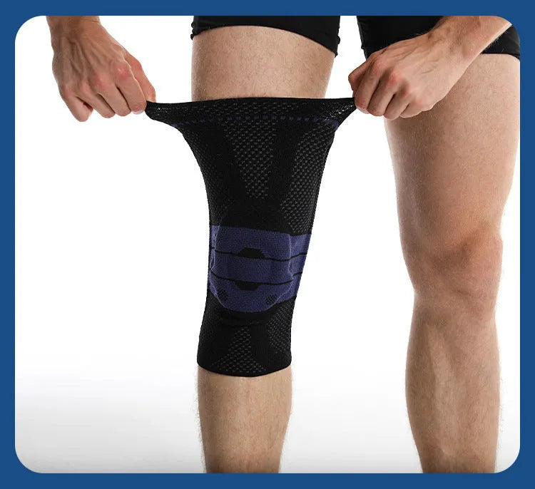 Sports knee pads in black and blue colour with nylon spandex construction for knee protection