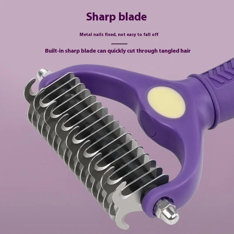 Purple plastic double-sided pet comb for removing knots from dog or cat fur.