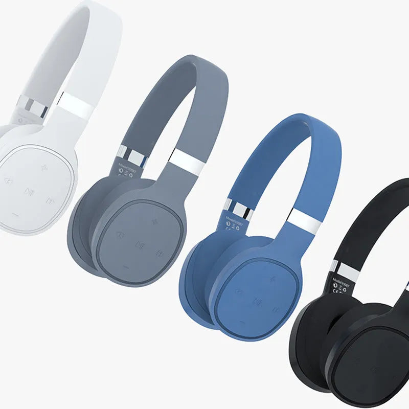 Folding wireless Bluetooth sports headset shown in black, white, grey, and blue colour options