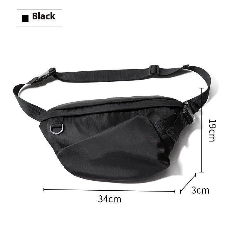 Black men's slanted chest bag made from Oxford fabric with 8-inch capacity and street trend style