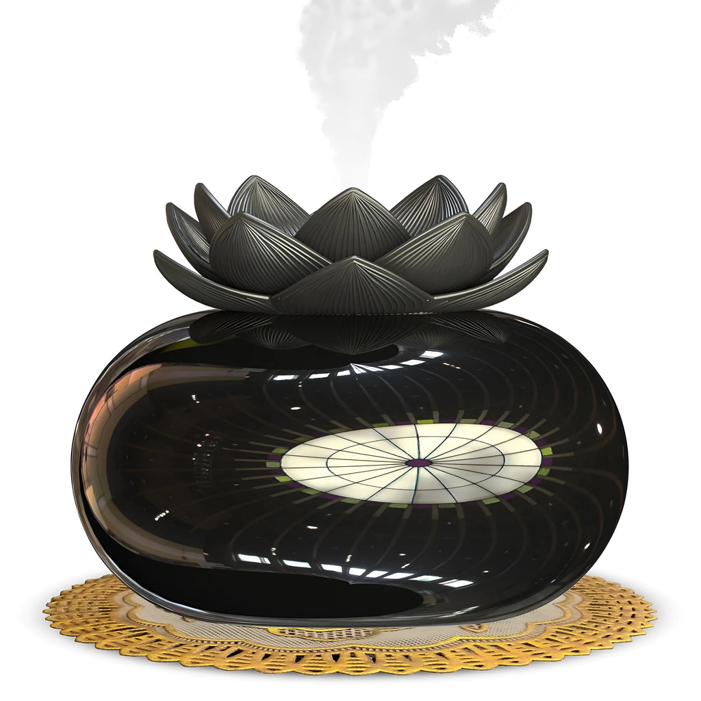 Pure black lotus aromatherapy humidifier with USB port and ceramic base