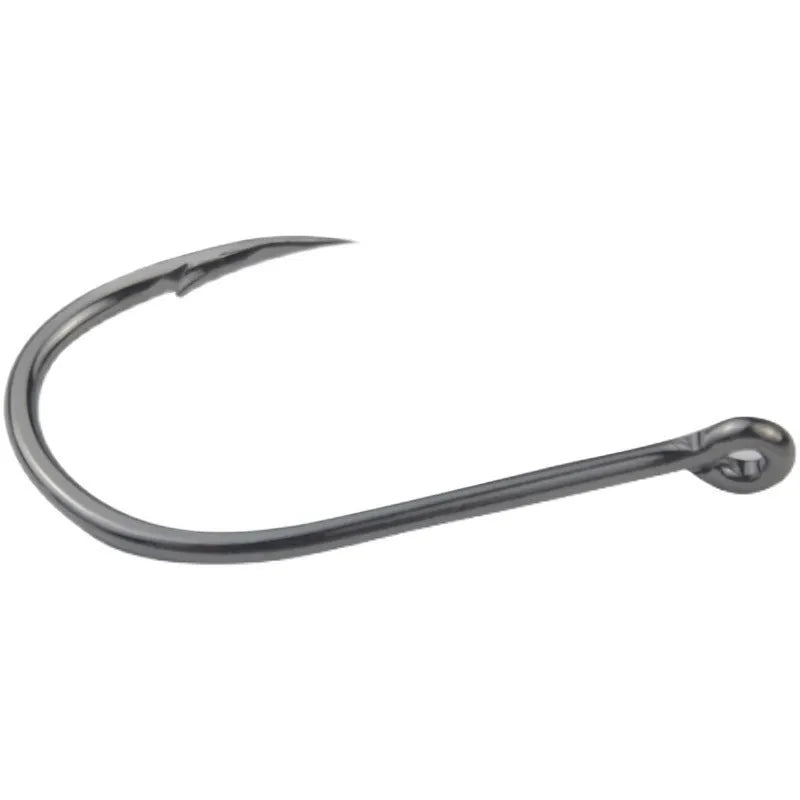 Bulk pack of barbed alloy carbon steel fishing hooks for rock and sea fishing in various sizes.