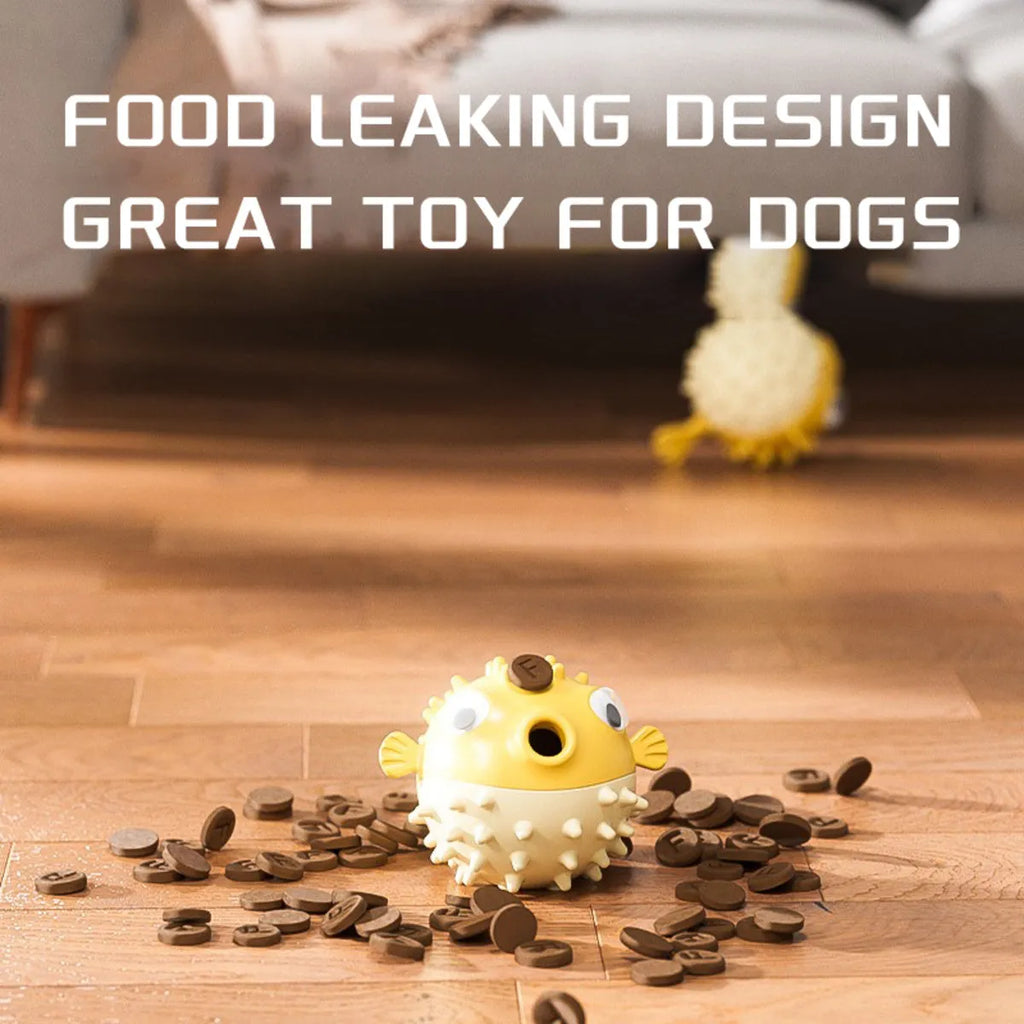 Yellow vinyl fish-shaped dog chew toy with textured surface for aggressive chewers.
