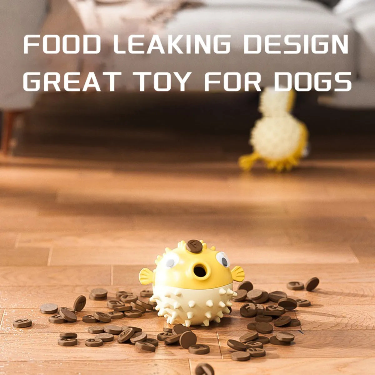 Yellow vinyl fish-shaped dog chew toy with textured surface for aggressive chewers.