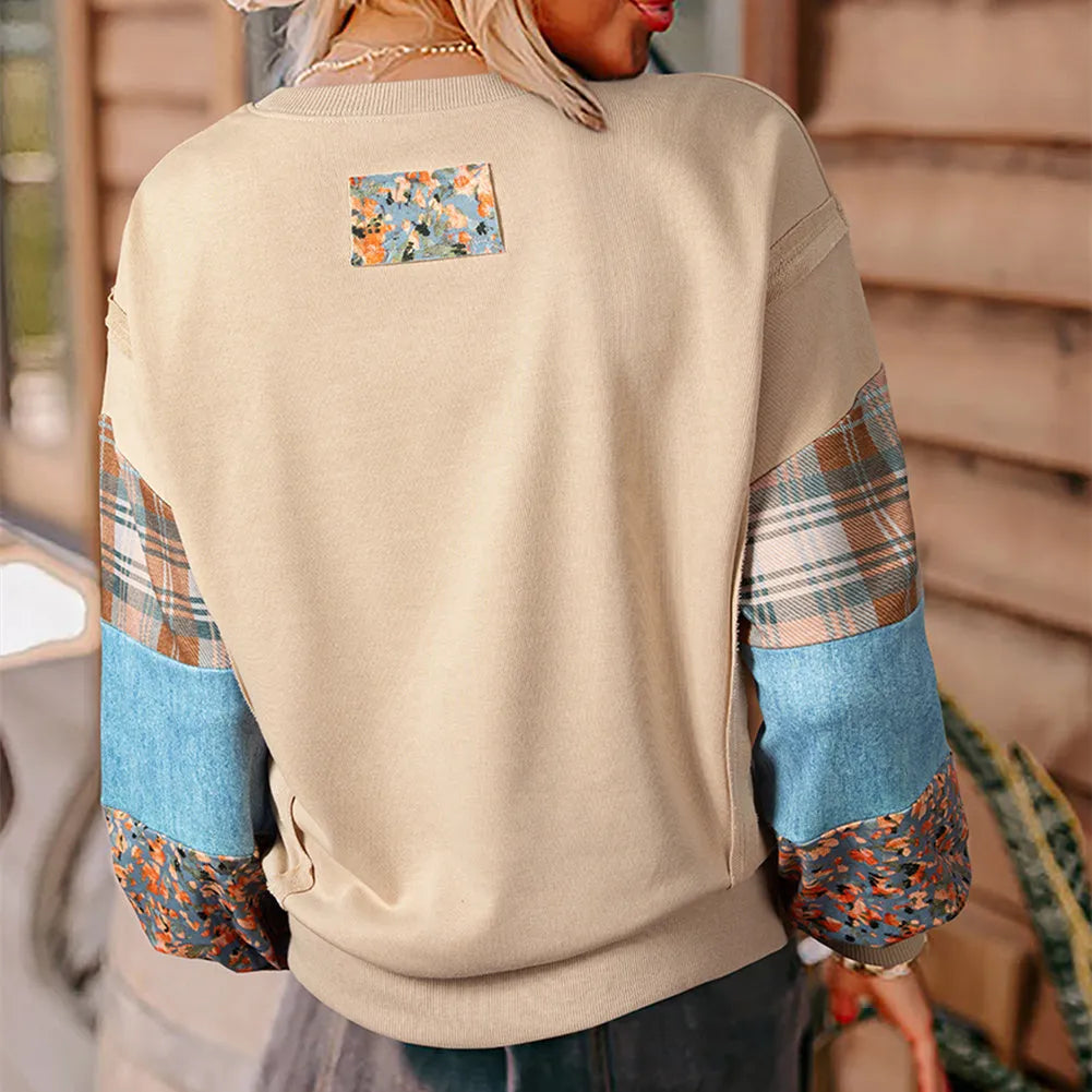 Women's plaid stitching long-sleeved pullover top in apricot and red colours