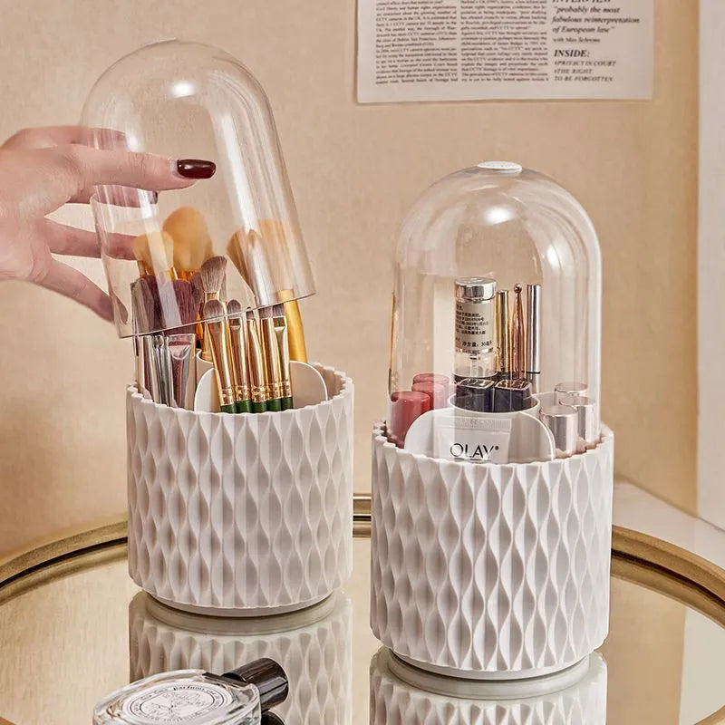 White rotating acrylic makeup brush storage holder with transparent design and dust cover