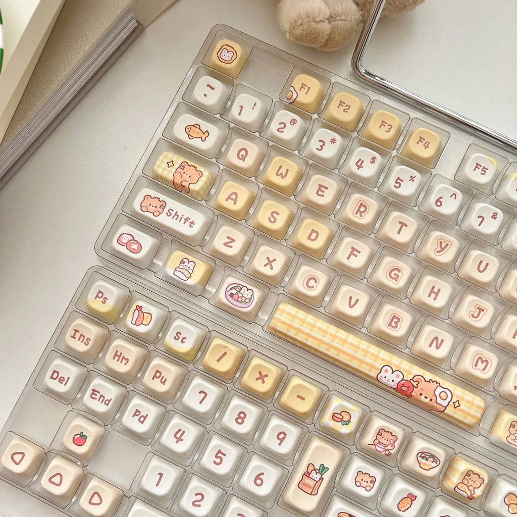 140 plastic PBT keycaps with Rabbit Bear Restaurant design in EOA height profile for mechanical keyboards.
