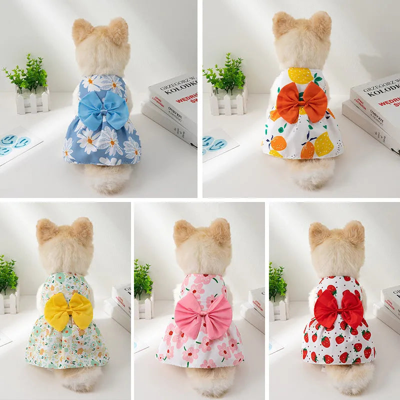 Ultra-thin light orange pet dress for a small dog with a floral butterfly knot on the back.