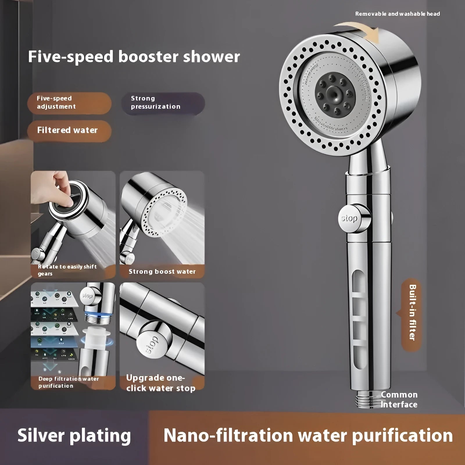 Silver chrome-plated portable shower head with multiple spray settings on a plain background.