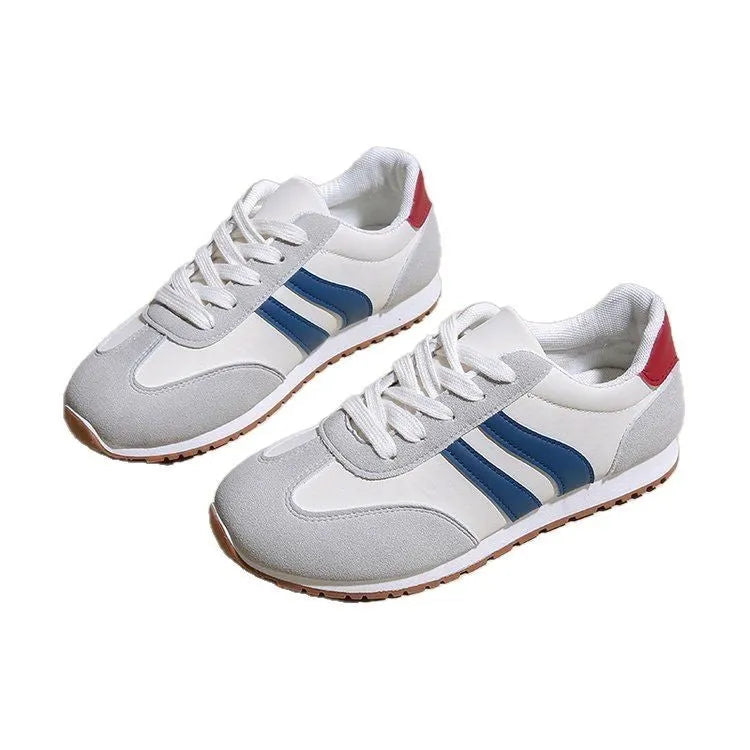 Blue and grey striped leisure sports shoes with round toe and flat rubber sole.