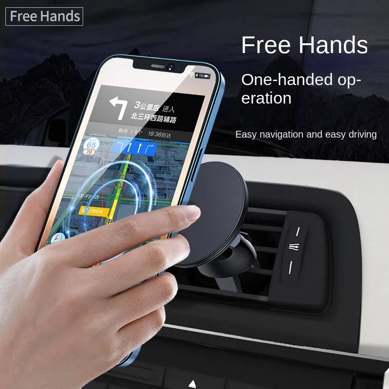 Black aluminium alloy magnetic car phone holder mounted on air vent, holding smartphone