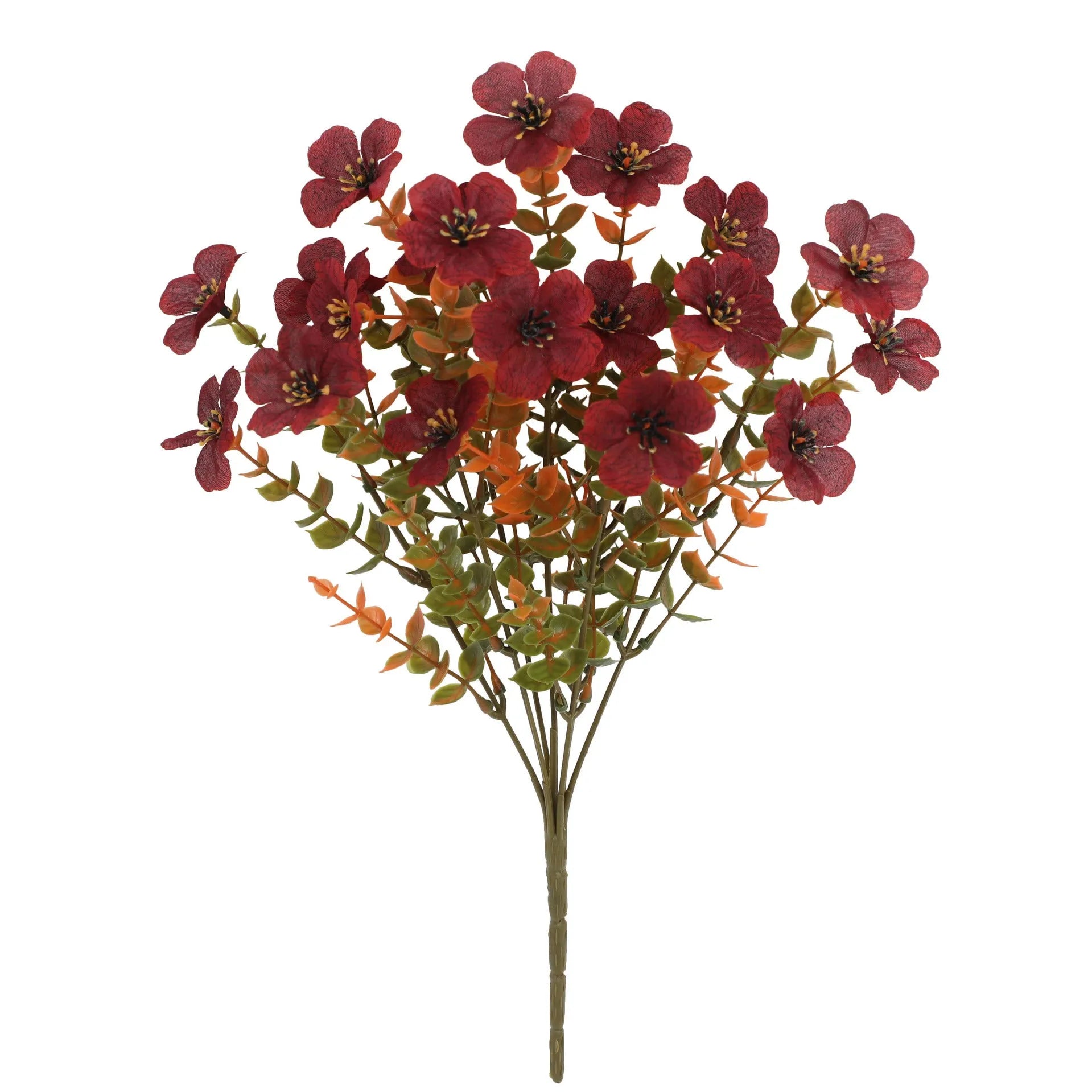 Artificial flower bouquet in autumn orange, red, and yellow colours for home or wedding decoration.