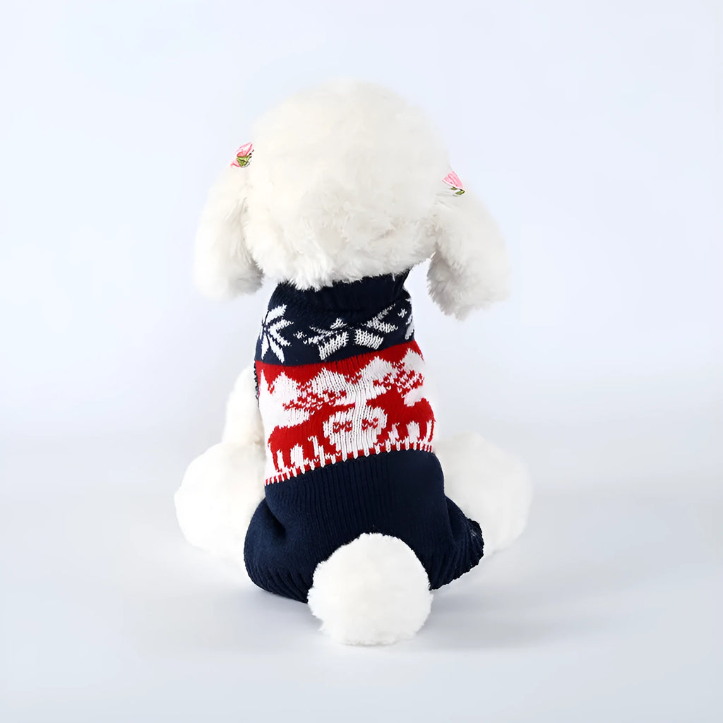 Navy blue knitted dog sweater with Christmas styling on canine model