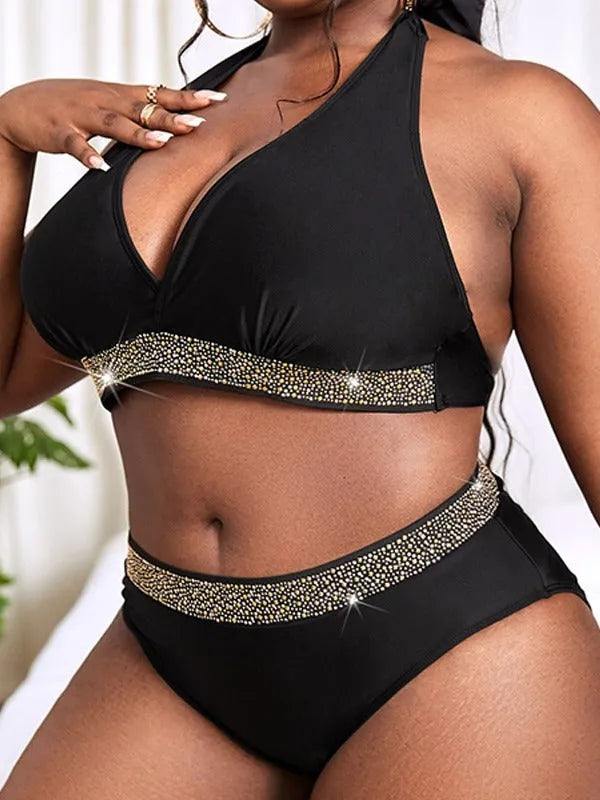 Black women's plus size bikini set with bra and shorts for swimming
