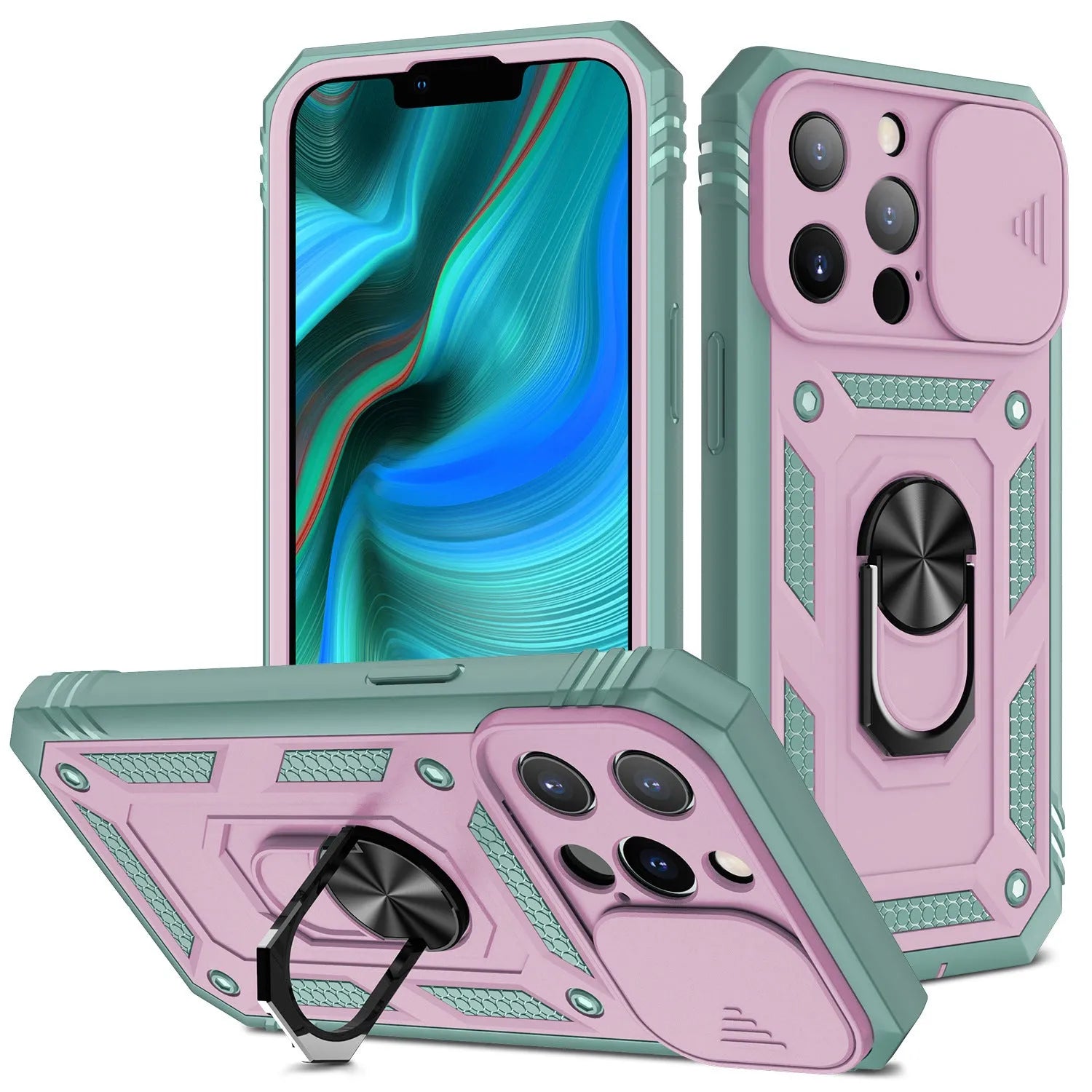 Magnetic sliding window iPhone case in two-tone colour options for iPhone 12 and 13 models