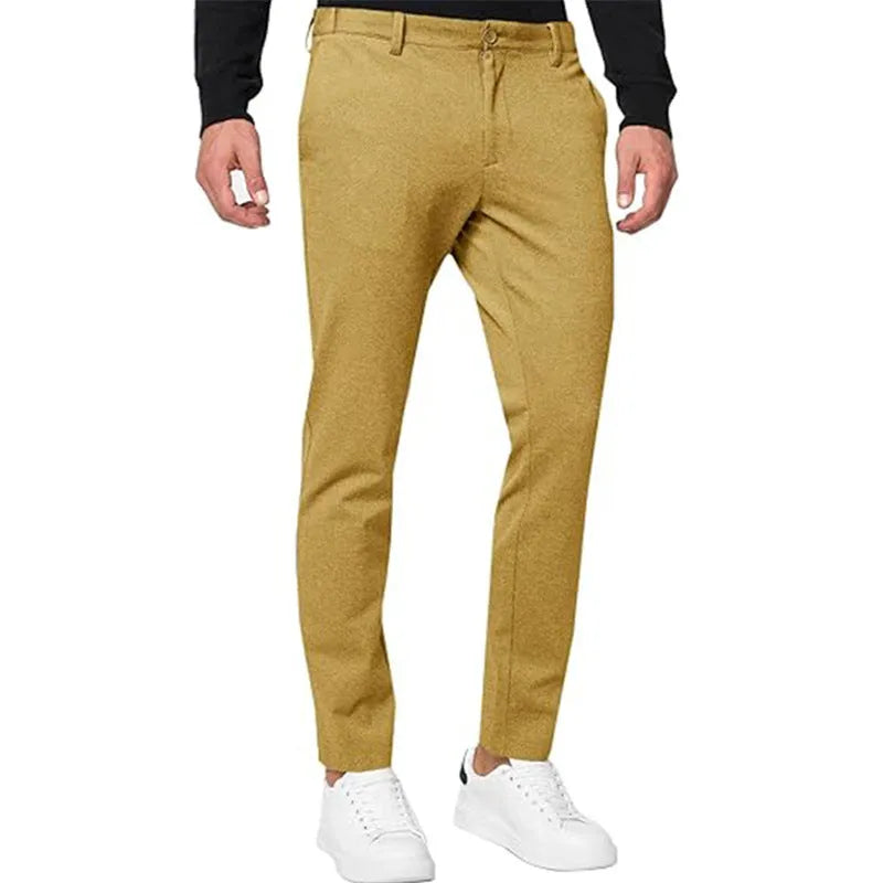Men's slim-fit tapered chino trousers in a grey colour, showing the casual fit and style.