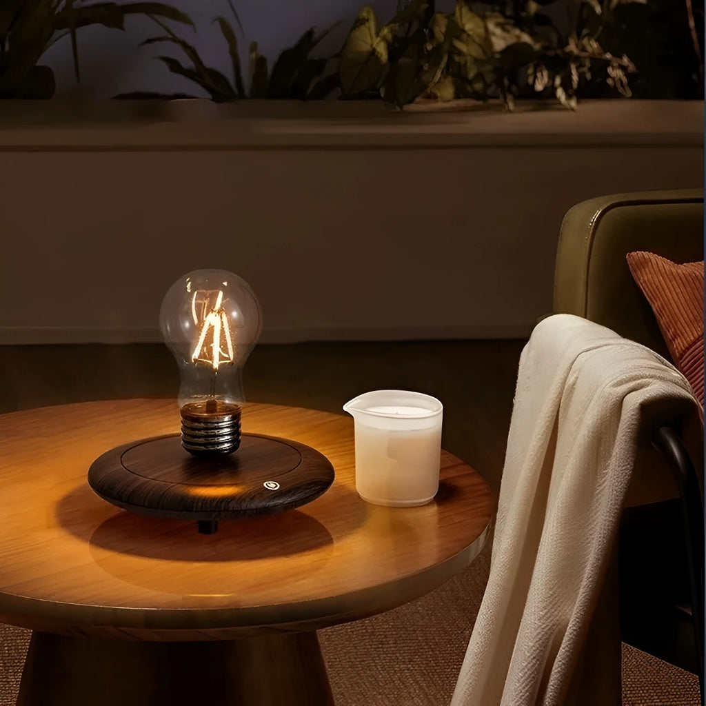 Suspension bulb desktop night lamp with iron art construction and black wood grain base