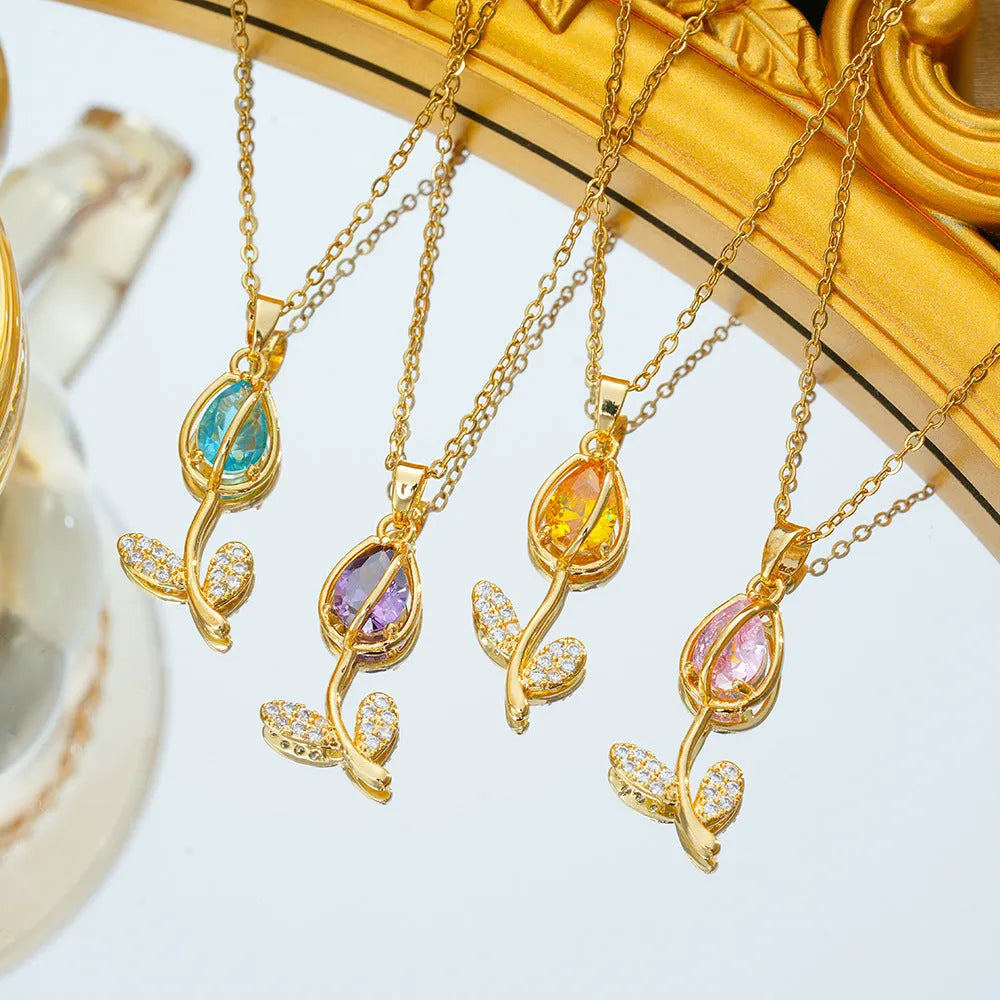 Zircon tulip necklace for women with a floral pendant on an adjustable titanium steel chain.