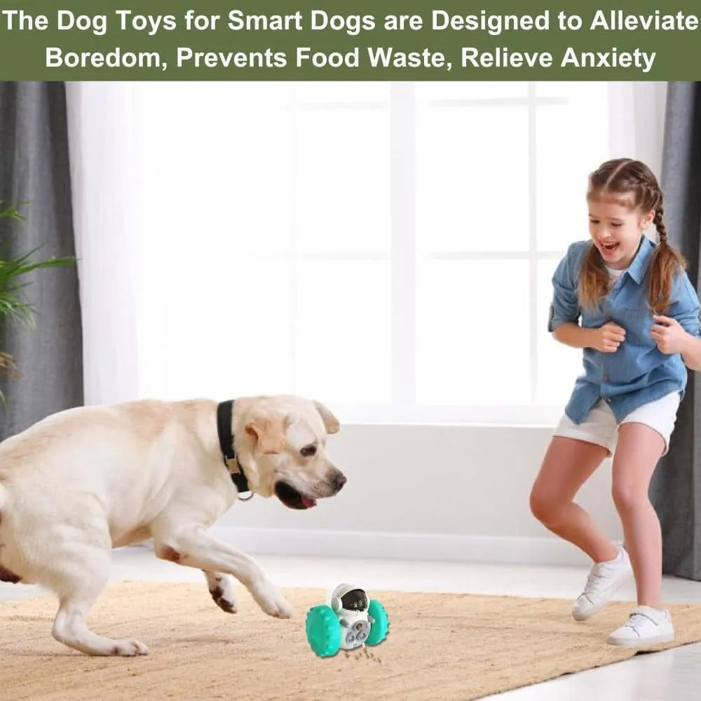 Robot-shaped interactive treat dispenser toy for small dogs and cats with self-balancing tumbler design