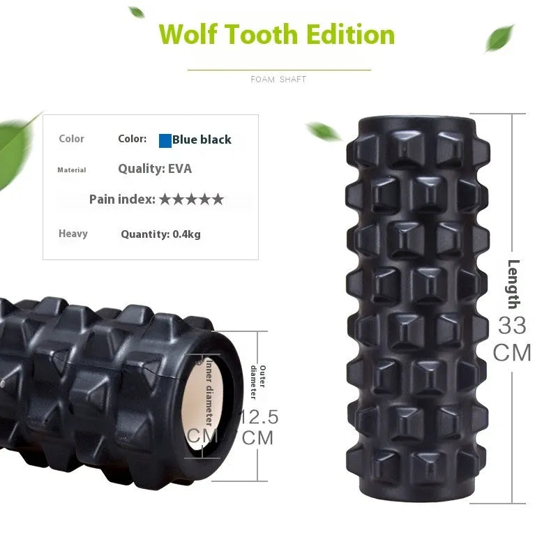 Black fitness foam roller massage bar measuring 33cm long on a plain background.
