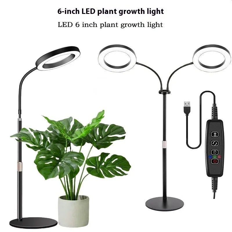 A white 6-inch angel ring floor plant grow light with a retractable stand extended, showing its circular LED array for indoor use.