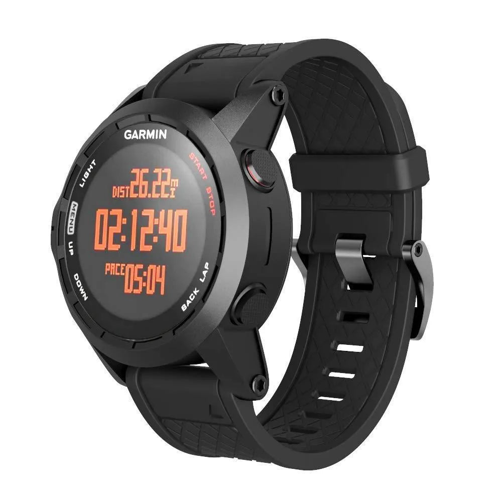Jiaming watch replacement strap with black silicone and stainless steel buckle showing 26mm width