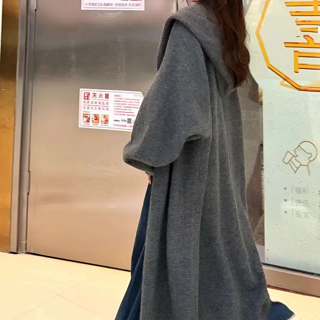 Women's Korean style hooded long knitted cardigan below knee length loose fit