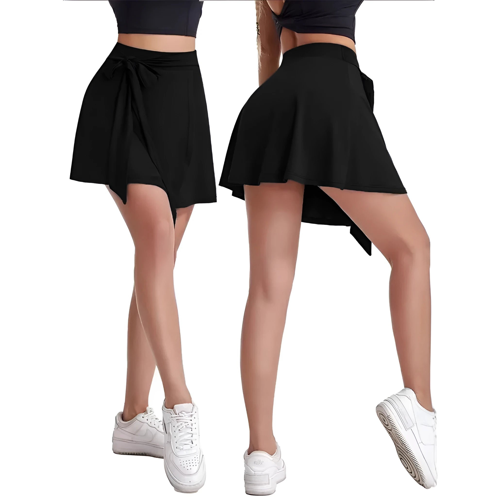 Black thigh-length unisex sports culotte skirt with shoulder straps and high waist