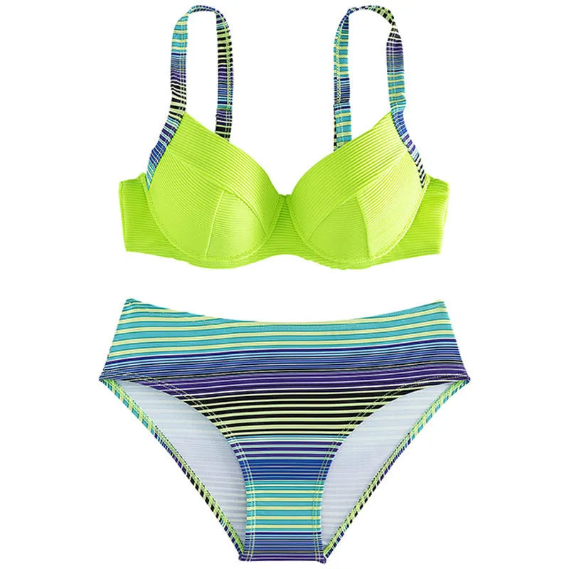 Green printed women's bikini set with halter triangle top and split briefs on white background
