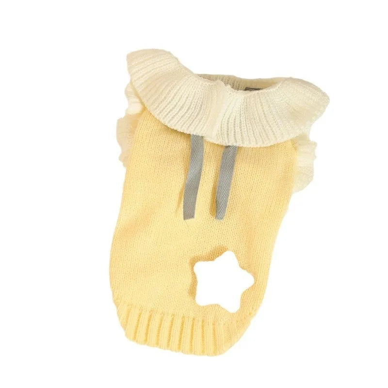 Autumn acrylic puppy sweater in yellow XINGX design with size chart showing measurements