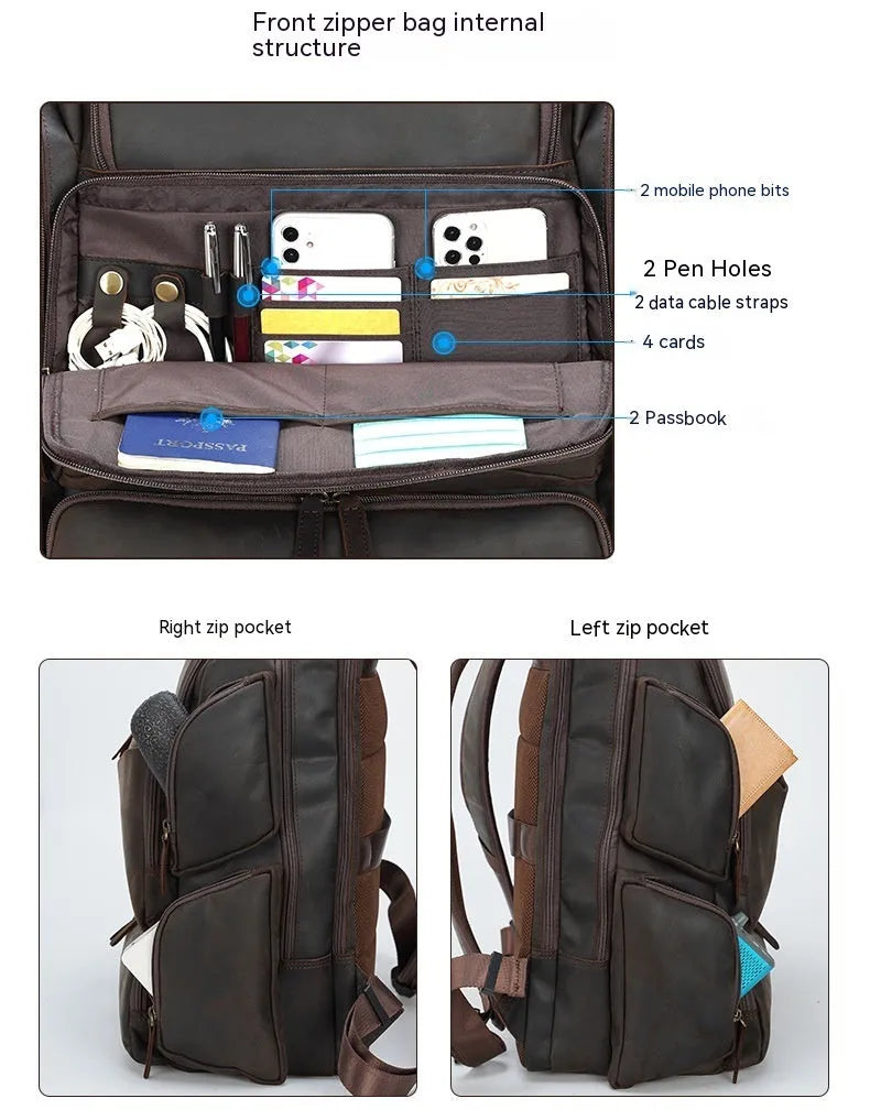 Dark brown genuine leather men's backpack showing 17-inch computer compartment and multiple interior pockets