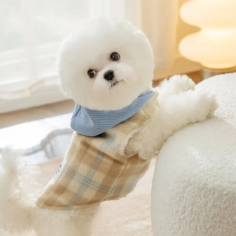 Blue corduroy pet hoodie with chessboard grid pattern and hood for dog autumn winter clothing