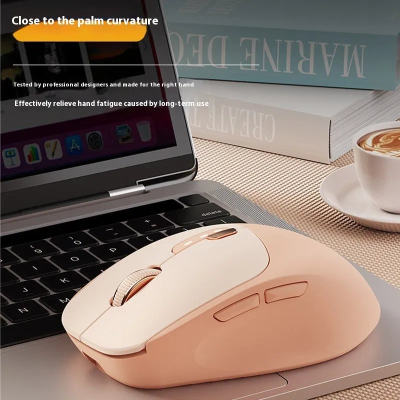 Mute wireless Bluetooth mouse in matcha green colour on a desk, showing ergonomic right-handed shape.