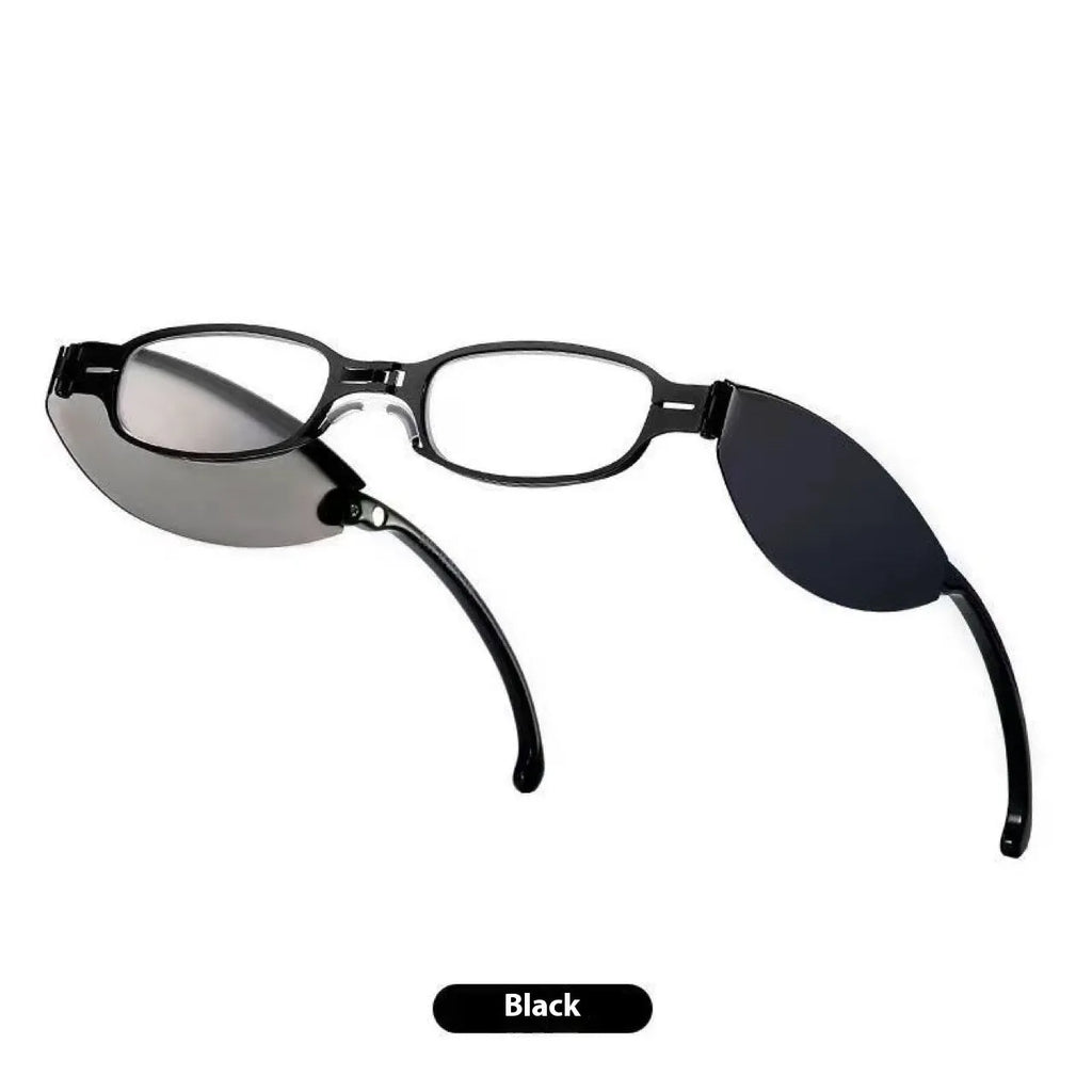 Folding presbyopic glasses in black retro frame showing ring detail and folded position