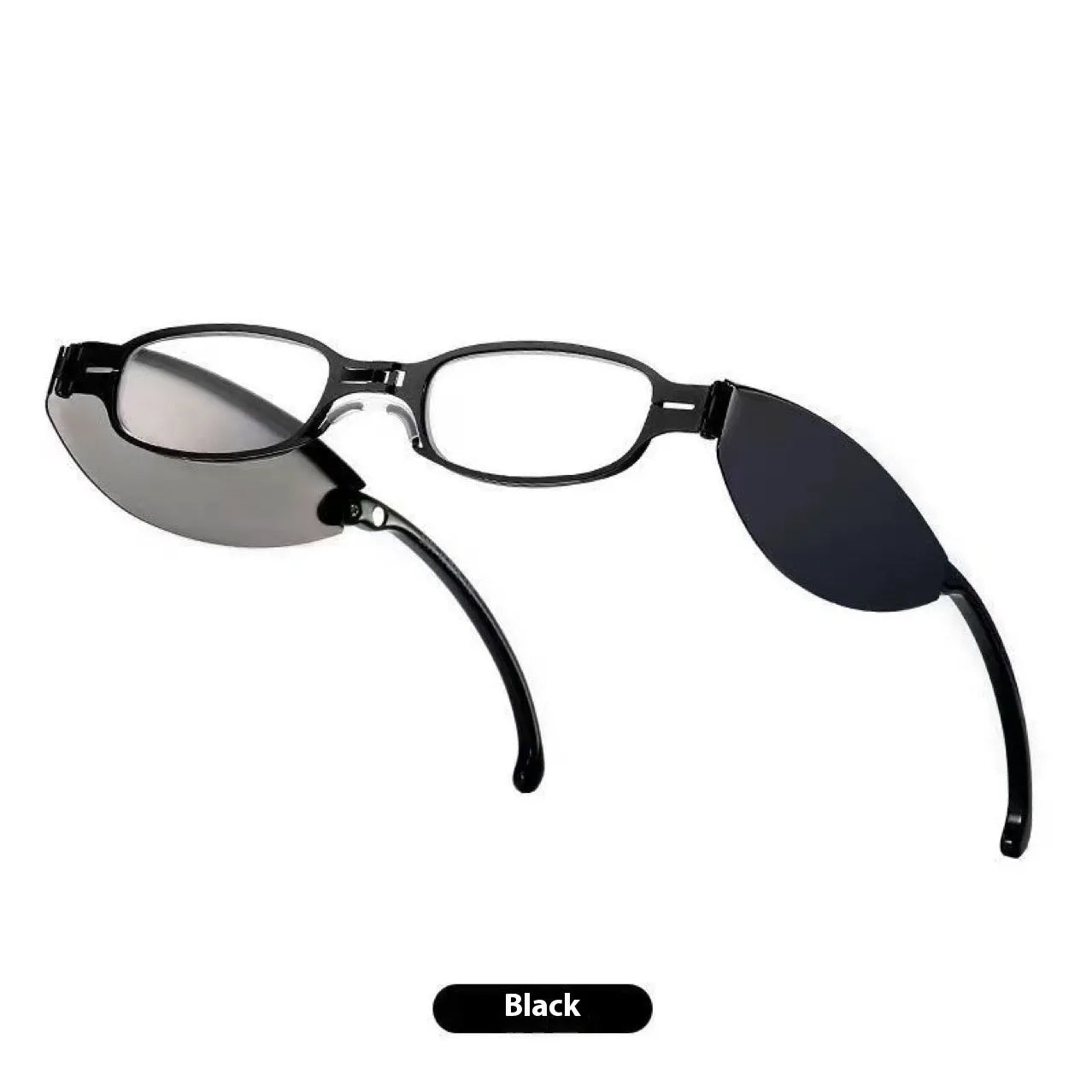 Folding presbyopic glasses in black retro frame showing ring detail and folded position