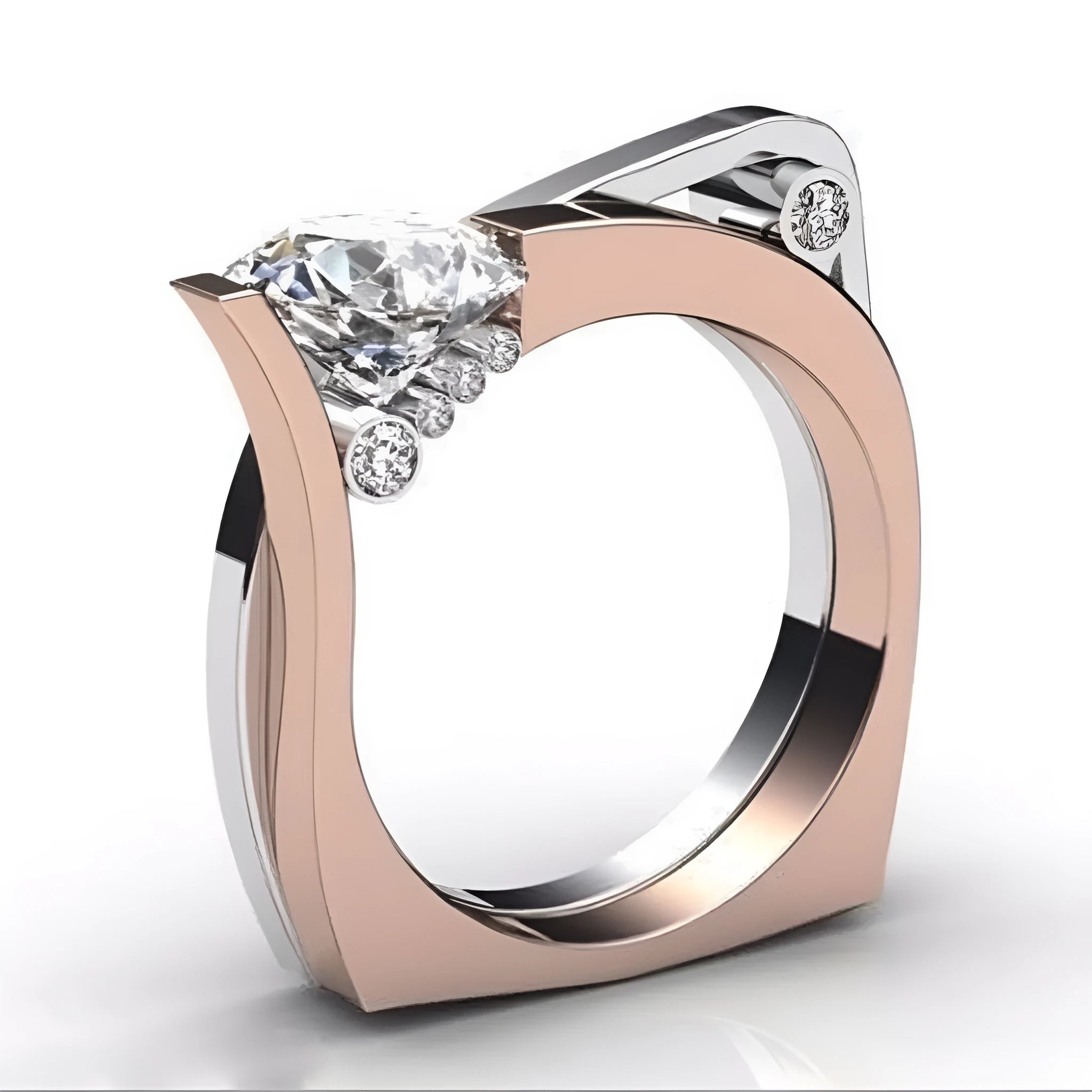 Rose gold geometric couple ring with a central zircon stone inlay on a model's hand.