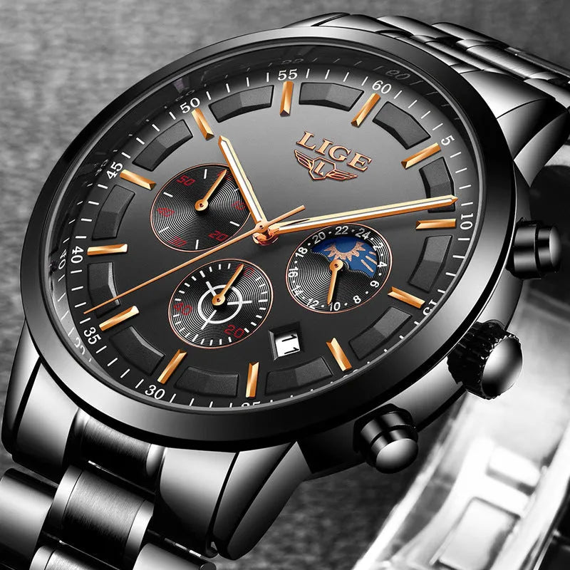 Men's waterproof quartz sports watch in black and rose red gold colour on wrist