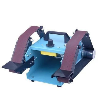 Blue desktop dual-axis belt sander with 750W motor and variable speed control for knife sharpening