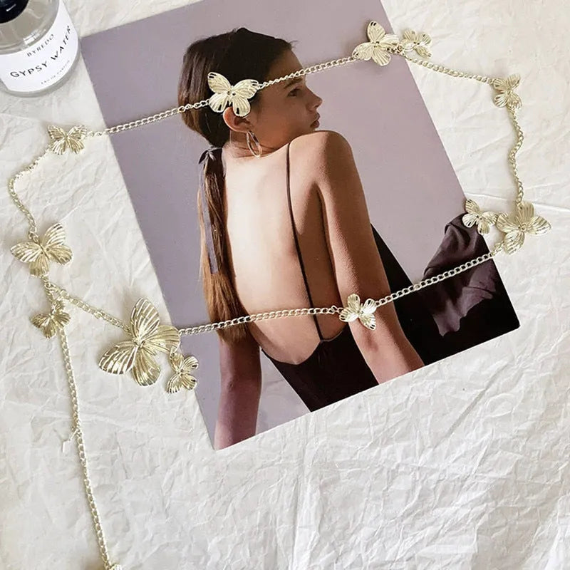 Gold butterfly waist chain with retro design, 104cm length and 40cm width alloy jewellery
