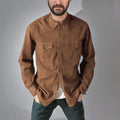 Men's denim cardigan coat in khaki, black, blue, or grey showing cardigan style and regular fit