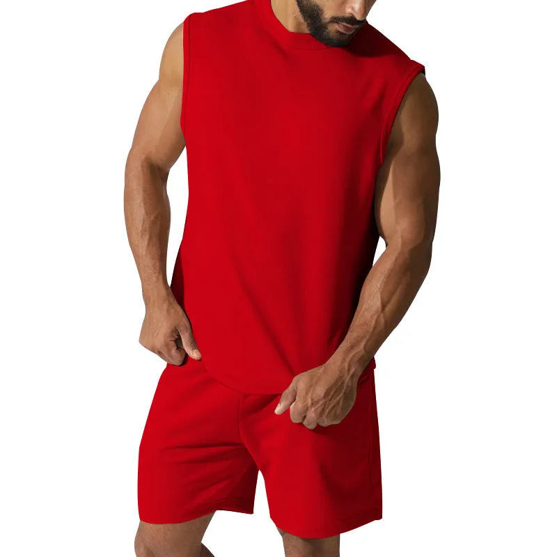 Men's sleeveless cotton-blend sports top and shorts set in a solid colour