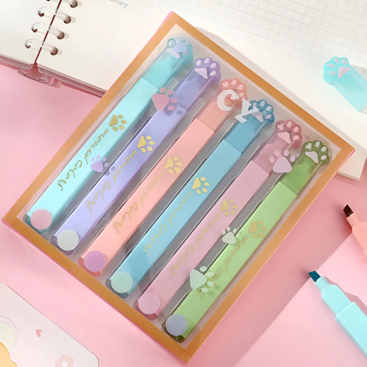 Cat's Paw fluorescent marking pen set showing six coloured pens with oblique nibs in a plastic case.
