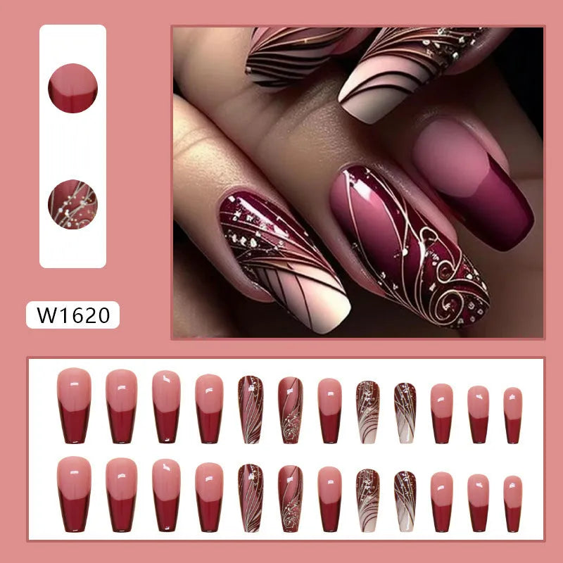 French line pattern fake nail stickers ABS plastic 24 pieces with glue